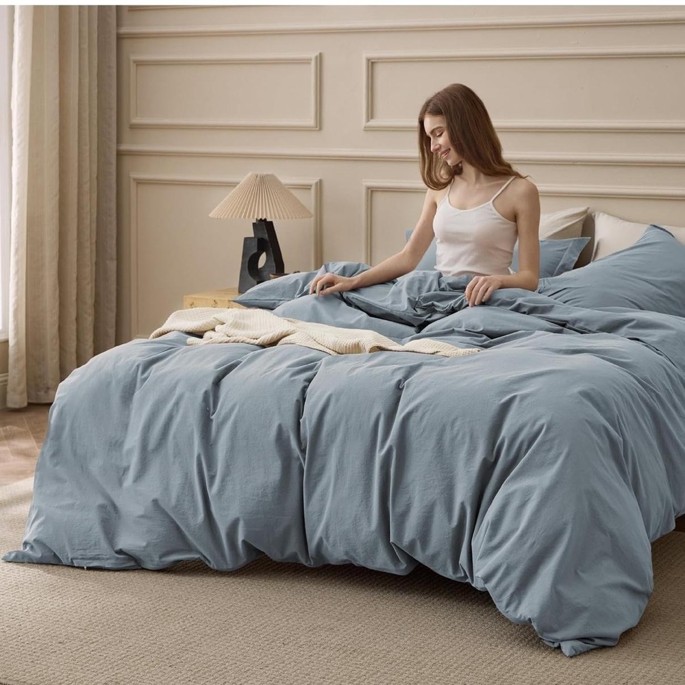 Bedsure King Duvet Cover Set 100% Washed Cotton Dusty Blue Soft Breathable Cozy